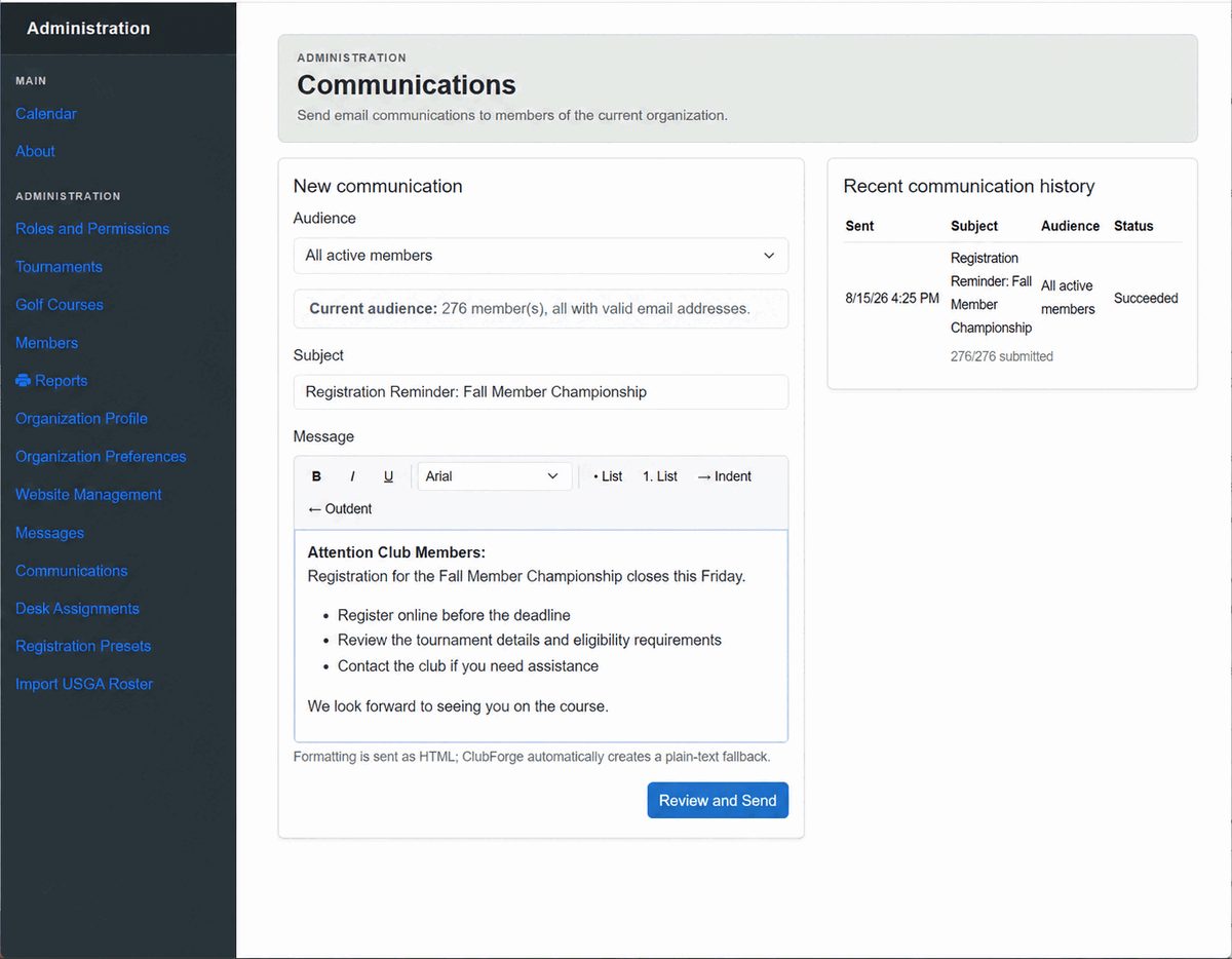 ClubForge communications administration showing an all-member audience, rich-text message editor, and successful communication history.