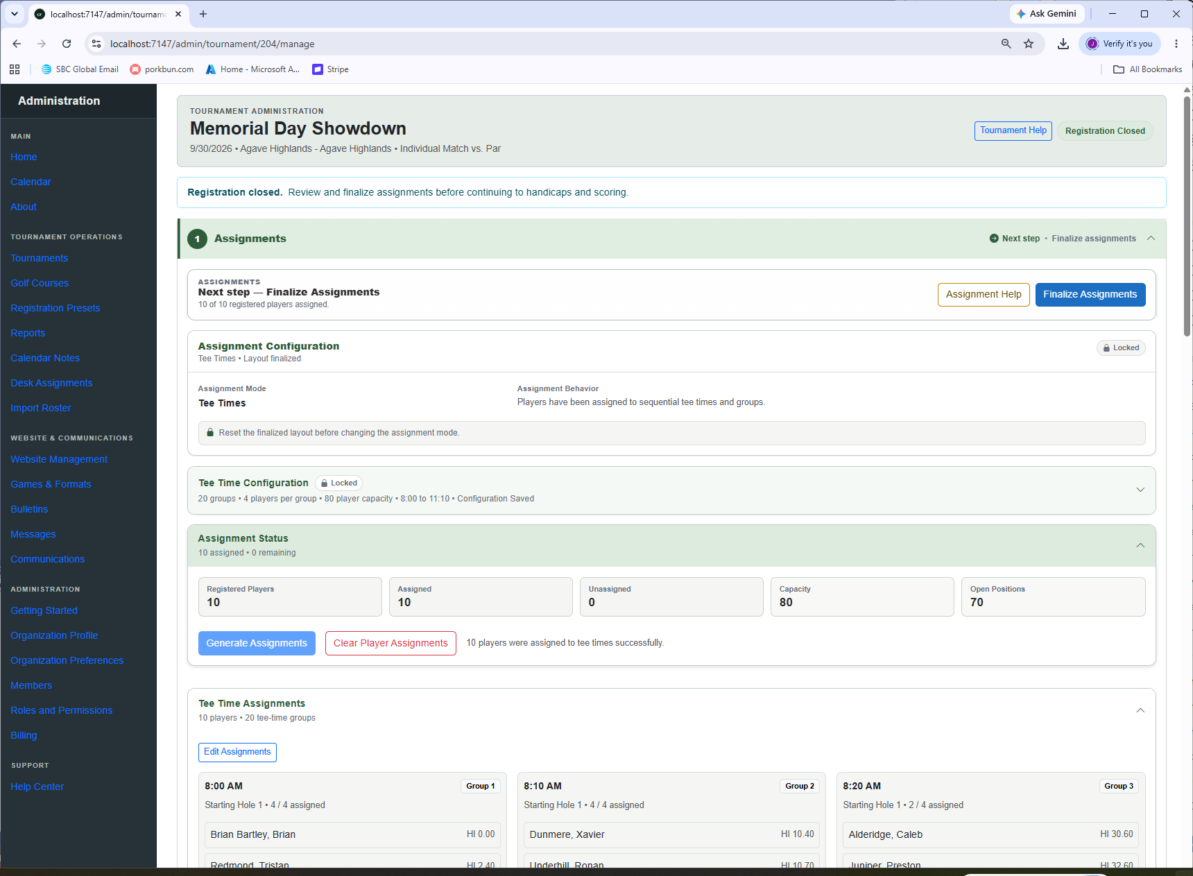 ClubForge tournament assignments showing finalized tee-time configuration, assignment status, capacity, and player groups.