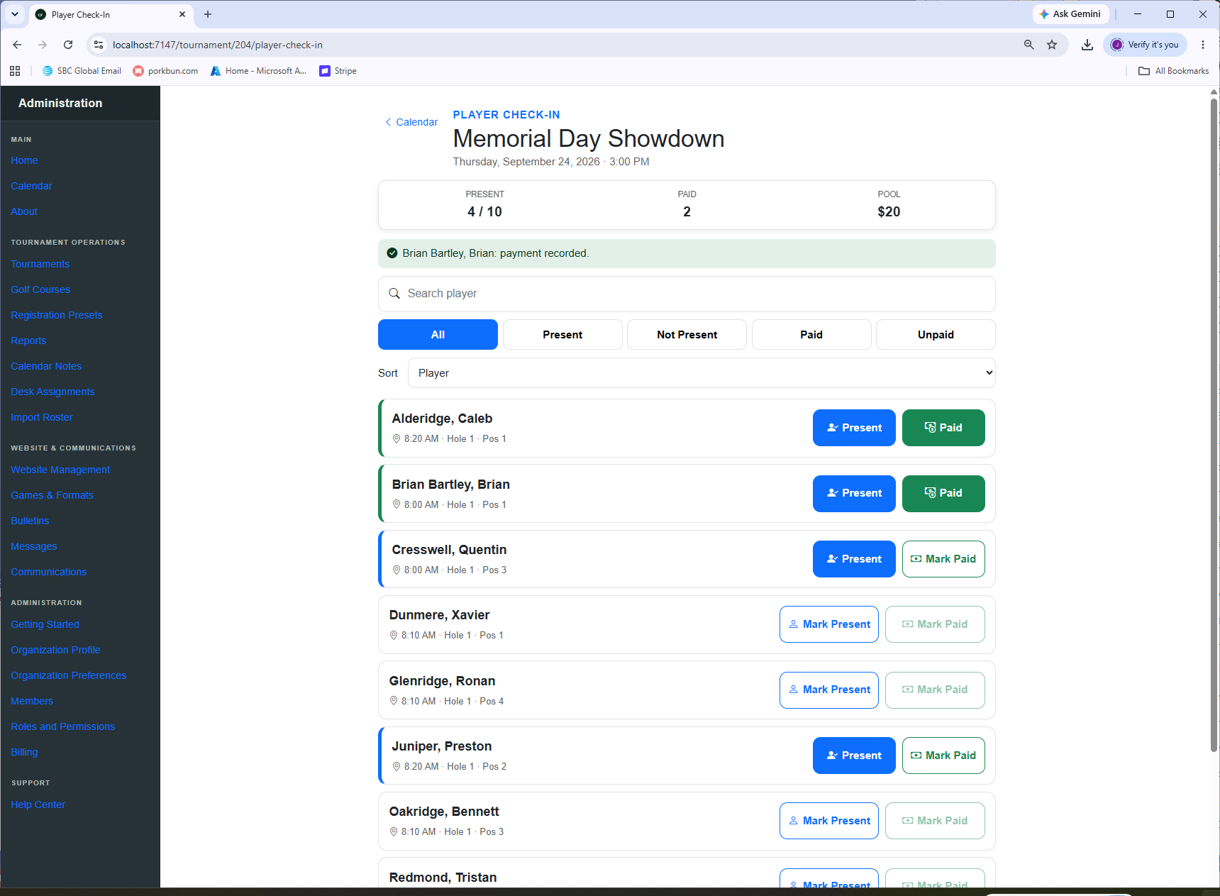 ClubForge Player Check-In on desktop showing attendance, payment status, player search, and filters.