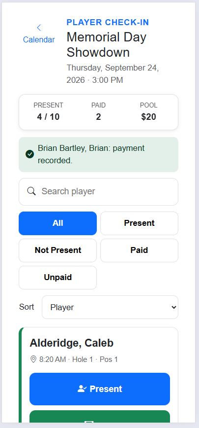 ClubForge Player Check-In optimized for a mobile phone.