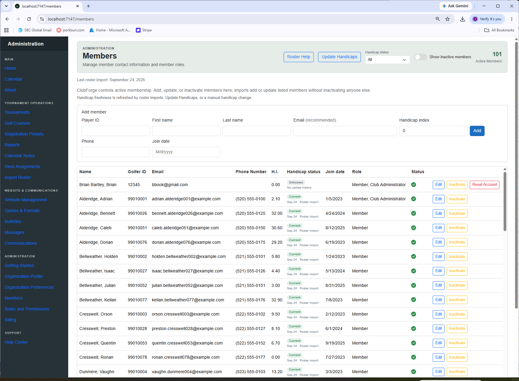 ClubForge Members administration showing active members, contact information, roles, Handicap Indexes, and handicap status.