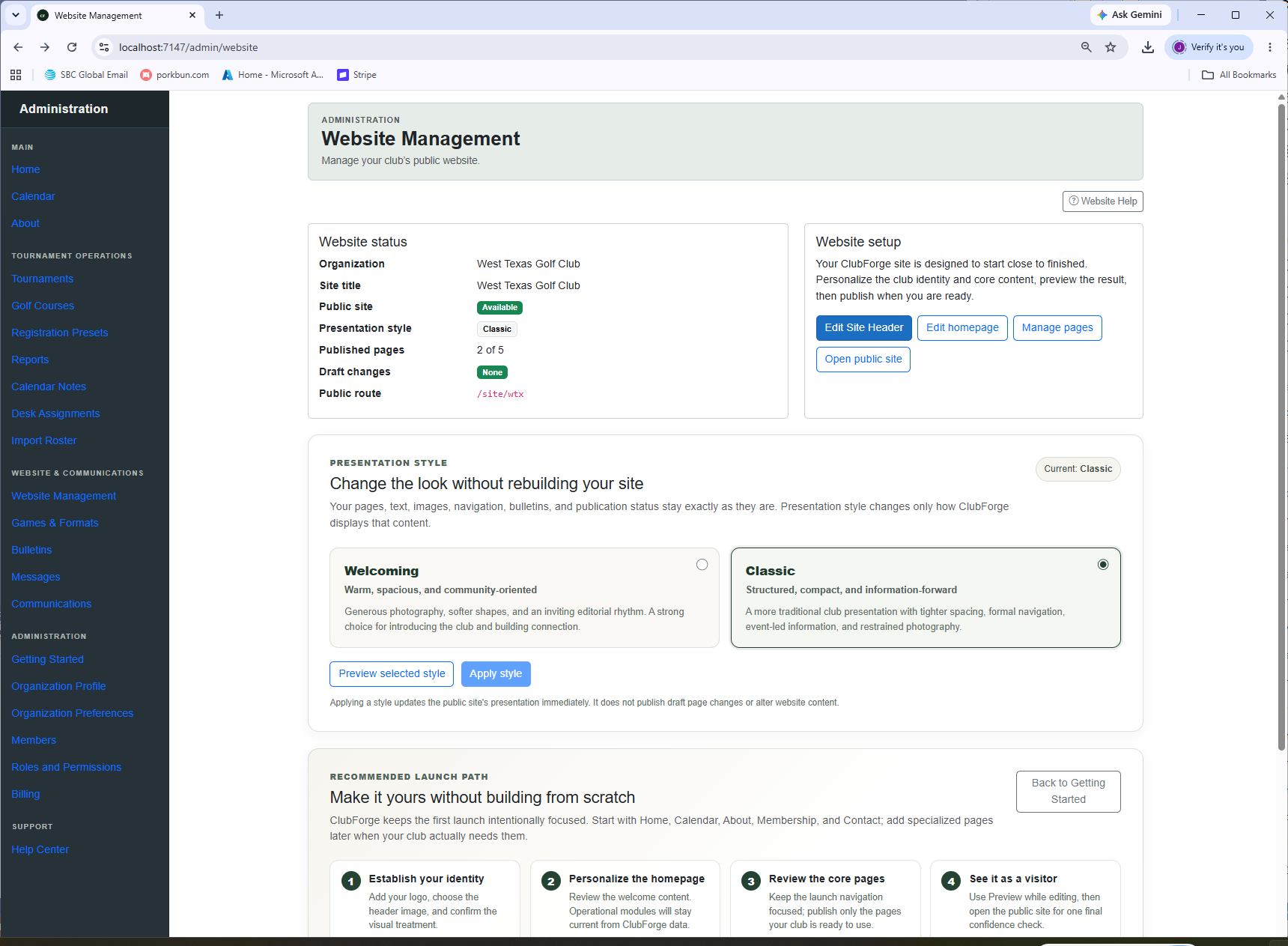 ClubForge Website Management showing site status, website setup, presentation style, and recommended launch path.