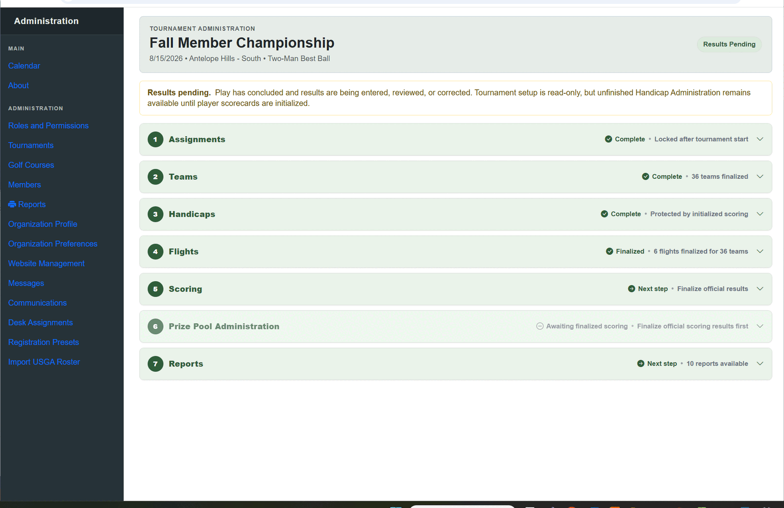 ClubForge tournament administration showing assignments, teams, handicaps, flights, scoring, prize pool administration, and reports in one guided workflow.