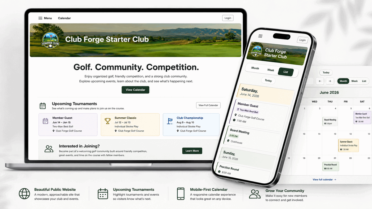 ClubForge public golf club website shown on a laptop alongside a mobile calendar and desktop month calendar.